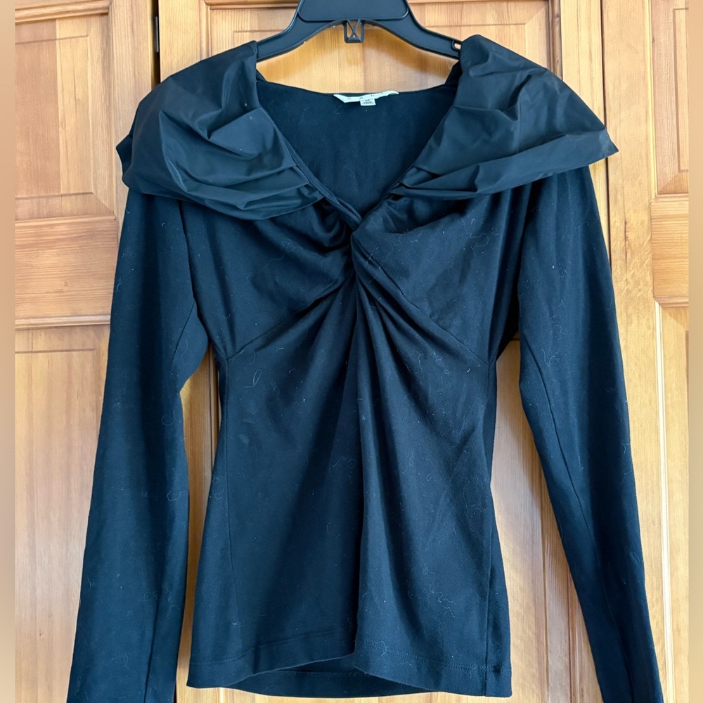 CAbi Black Stretchy Gathered V Neck Long Sleeve Shawl Collar Top